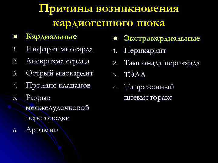 Причины возникновения кардиогенного шока l 1. 2. 3. 4. 5. 6. Кардиальные Инфаркт миокарда