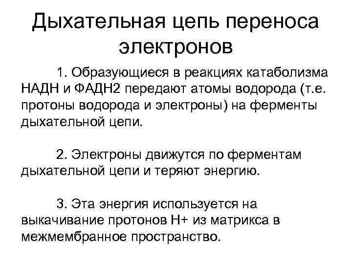 Дыхательная цепь переноса электронов 1. Образующиеся в реакциях катаболизма НАДН и ФАДН 2 передают