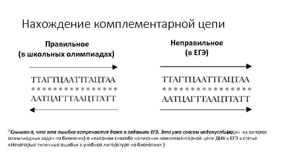 Нахождение комплементарной цепи Правильное (в школьных олимпиадах) Неправильное (в ЕГЭ) "Слышал я, что эта
