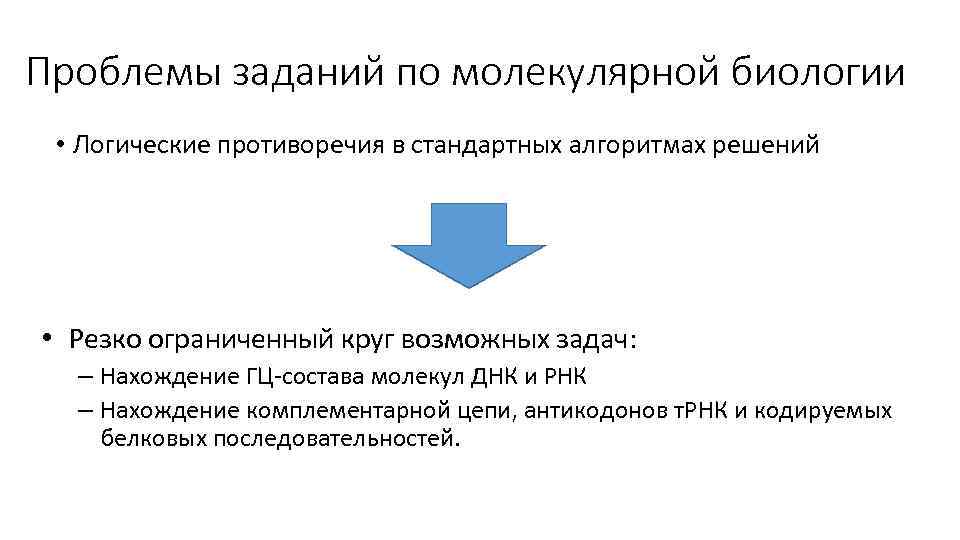 Проблемы заданий по молекулярной биологии • Логические противоречия в стандартных алгоритмах решений • Резко