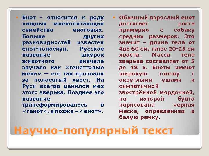  Енот - относится к роду хищных млекопитающих семейства енотовых. Больше других разновидностей известен