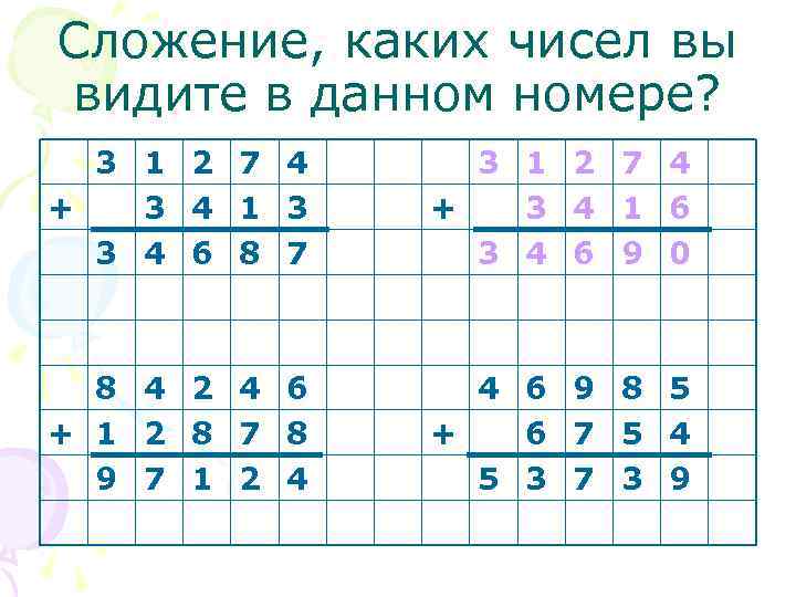 Сложение, каких чисел вы видите в данном номере? 3 1 2 7 4 +