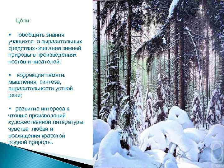 Цели: § обобщить знания учащихся о выразительных средствах описания зимней природы в произведениях поэтов