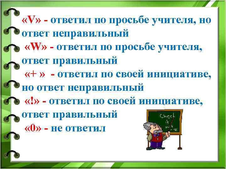  «V» - ответил по просьбе учителя, но ответ неправильный «W» - ответил по