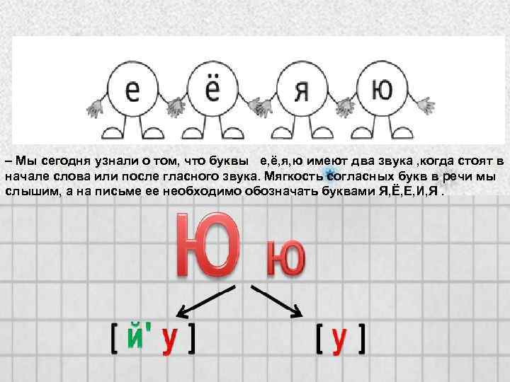 – Мы сегодня узнали о том, что буквы е, ё, я, ю имеют два