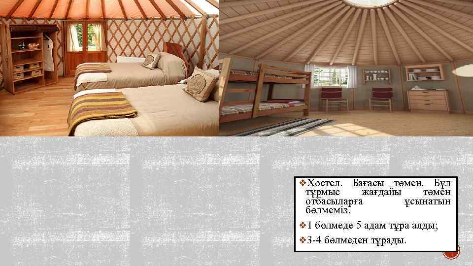 v. Хостел. Бағасы төмен. Бұл тұрмыс жағдайы төмен отбасыларға ұсынатын бөлмеміз. v 1 бөлмеде