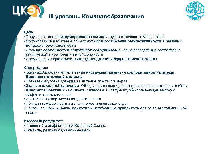 III уровень. Командообразование Цель: • Получение навыков формирования команды, путем сплочения группы людей •