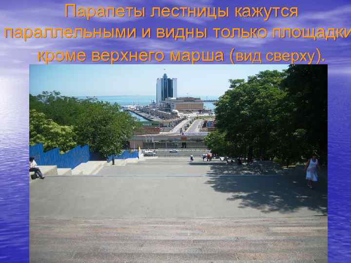 Парапеты лестницы кажутся параллельными и видны только площадки кроме верхнего марша (вид сверху). 