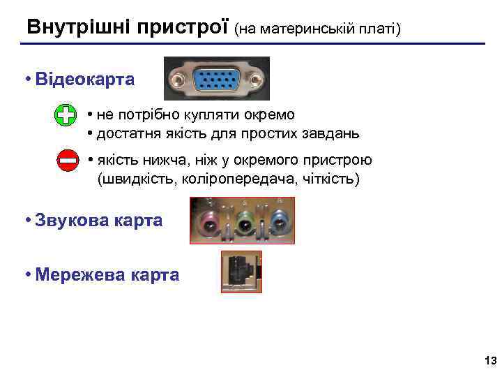 Внутрішні пристрої (на материнській платі) • Відеокарта • не потрібно купляти окремо • достатня