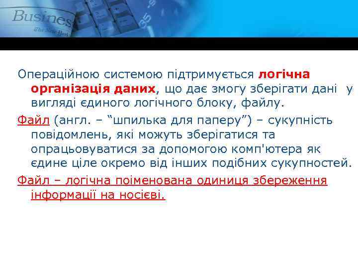 Операційною системою підтримується логічна організація даних, що дає змогу зберігати дані у вигляді єдиного