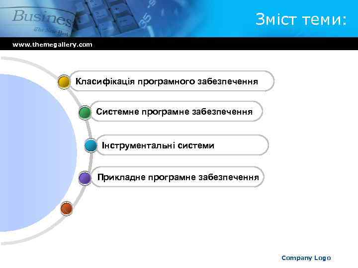 Зміст теми: www. themegallery. com Класифікація програмного забезпечення Системне програмне забезпечення Інструментальні системи Прикладне