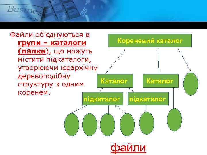 Файли об'єднуються в Кореневий каталог групи – каталоги (папки), що можуть містити підкаталоги, утворюючи