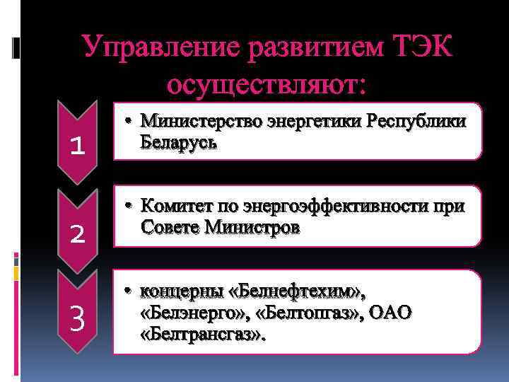 Управление развитием ТЭК осуществляют: 1 2 3 • Министерство энергетики Республики Беларусь • Комитет