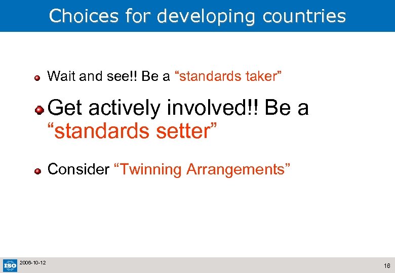 Choices for developing countries Wait and see!! Be a “standards taker” Get actively involved!!