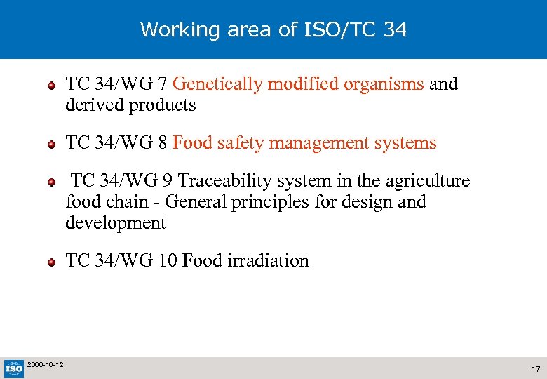 Working area of ISO/TC 34/WG 7 Genetically modified organisms and derived products TC 34/WG
