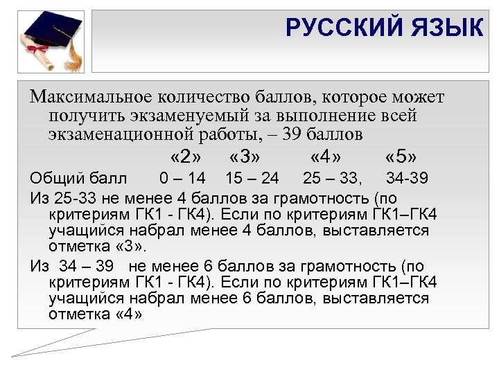 РУССКИЙ ЯЗЫК Максимальное количество баллов, которое может получить экзаменуемый за выполнение всей экзаменационной работы,