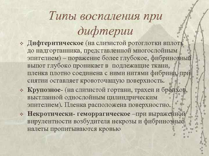 Типы воспаления при дифтерии v v v Дифтеритическое (на слизистой ротоглотки вплоть до надгортанника,
