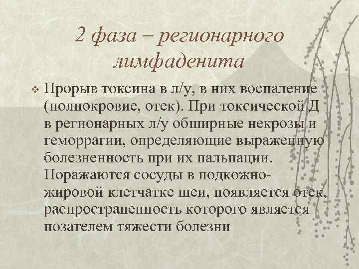2 фаза – регионарного лимфаденита v Прорыв токсина в л/у, в них воспаление (полнокровие,