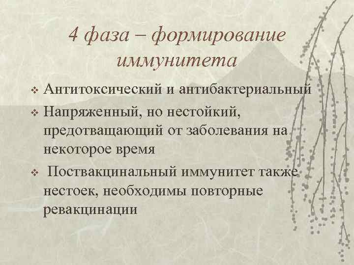 4 фаза – формирование иммунитета Антитоксический и антибактериальный v Напряженный, но нестойкий, предотващающий от