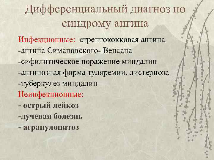 Дифференциальный диагноз по синдрому ангина Инфекционные: стрептококковая ангина -ангина Симановского- Венсана -сифилитическое поражение миндалин