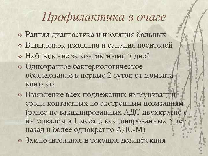 Профилактика в очаге v v v Ранняя диагностика и изоляция больных Выявление, изоляция и