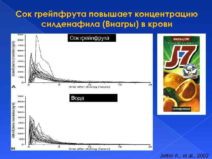 Сок грейпфрута повышает концентрацию силденафила (Виагры) в крови Сок грейпфрута Высокая концентрация силденафила Вода