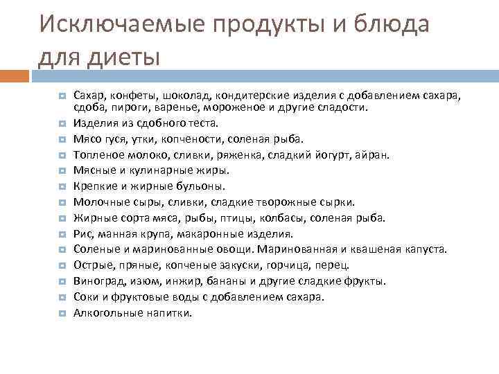 Исключаемые продукты и блюда для диеты Сахар, конфеты, шоколад, кондитерские изделия с добавлением сахара,