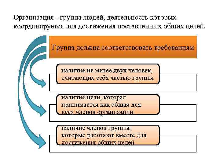 Организация - группа людей, деятельность которых координируется для достижения поставленных общих целей. Группа должна