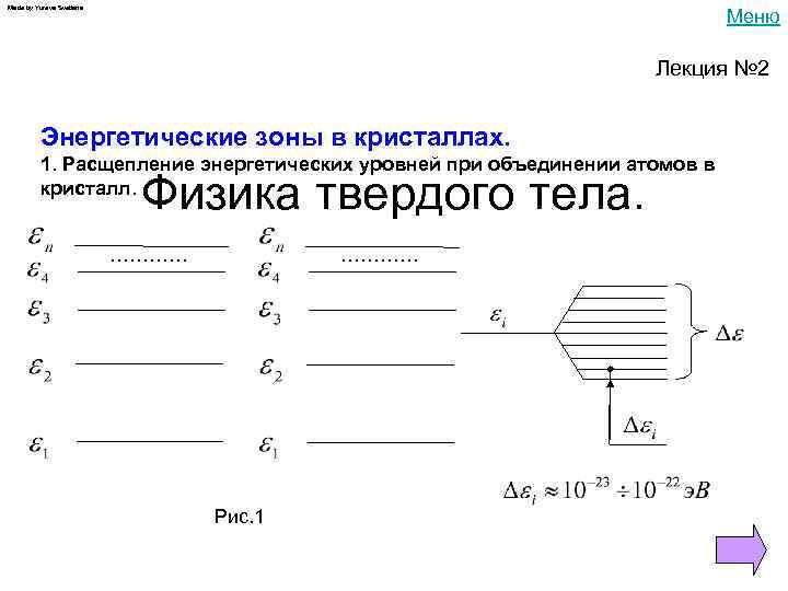 Made by Yureva Svetlana Меню Лекция № 2 Энергетические зоны в кристаллах. 1. Расщепление