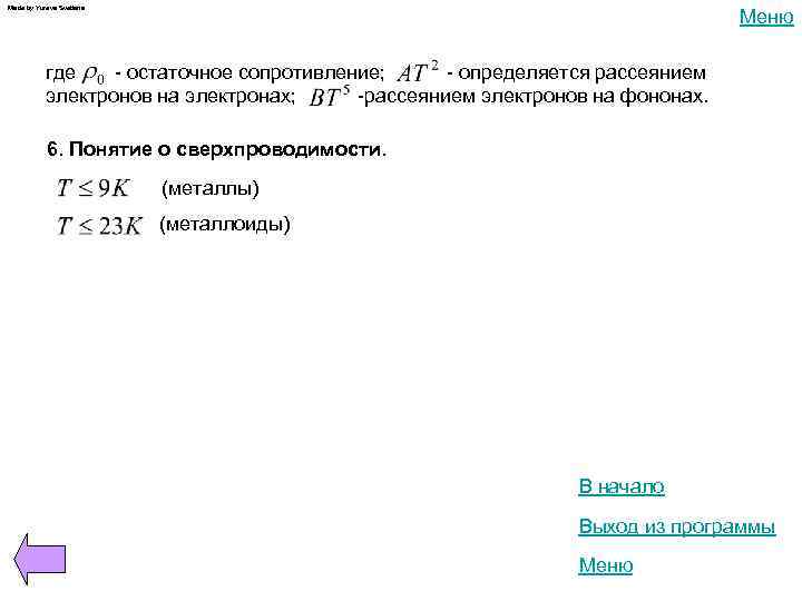 Made by Yureva Svetlana Меню где - остаточное сопротивление; - определяется рассеянием электронов на