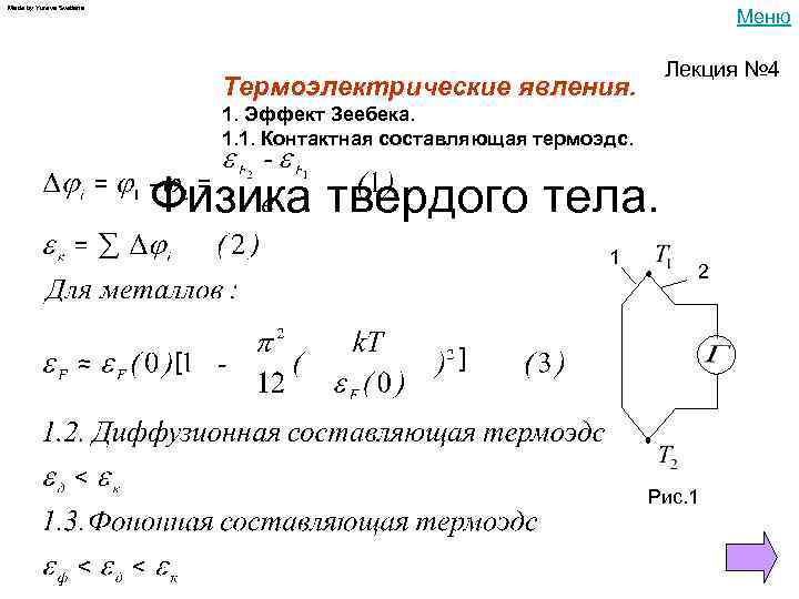 Made by Yureva Svetlana Меню Лекция № 4 Термоэлектрические явления. 1. Эффект Зеебека. 1.