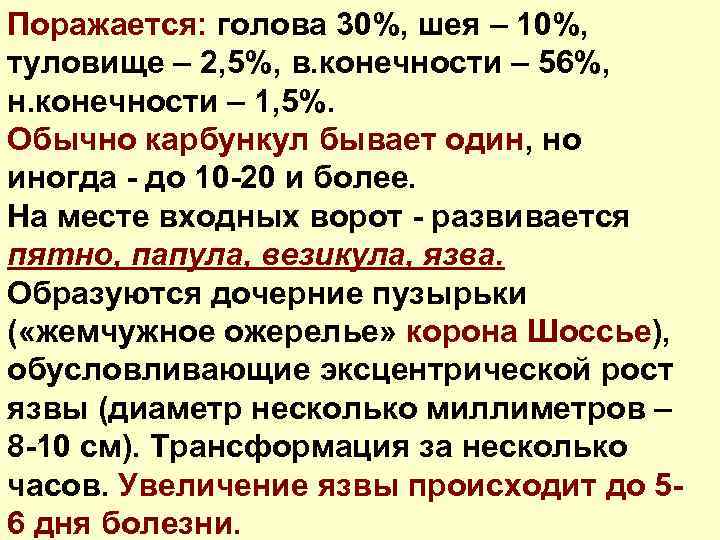 Поражается: голова 30%, шея – 10%, туловище – 2, 5%, в. конечности – 56%,