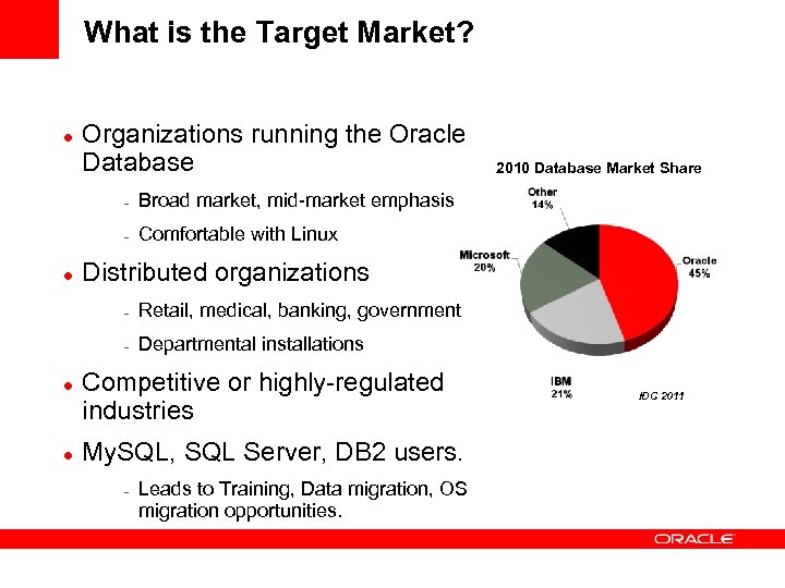 What is the Target Market? Organizations running the Oracle Database – Broad market, mid-market