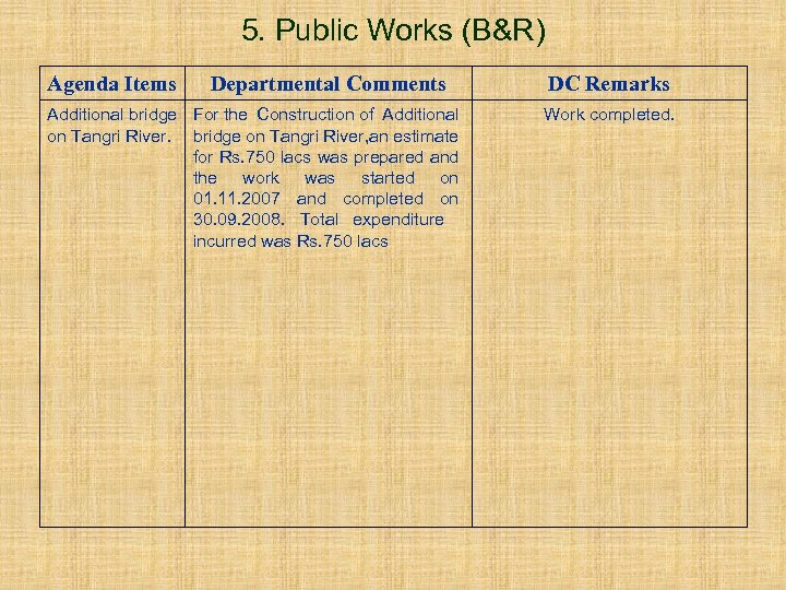 5. Public Works (B&R) Agenda Items Departmental Comments Additional bridge For the Construction of