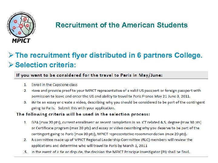 E Recruitment of the American Students Ø The recruitment flyer distributed in 6 partners