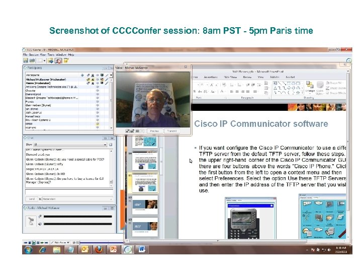 Screenshot of CCCConfer session: 8 am PST - 5 pm Paris timer 