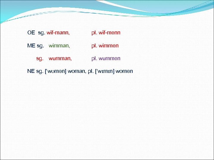 OE sg. wīf-mann, pl. wīf-menn ME sg. wimman, pl. wimmen sg. wumman, pl. wummen