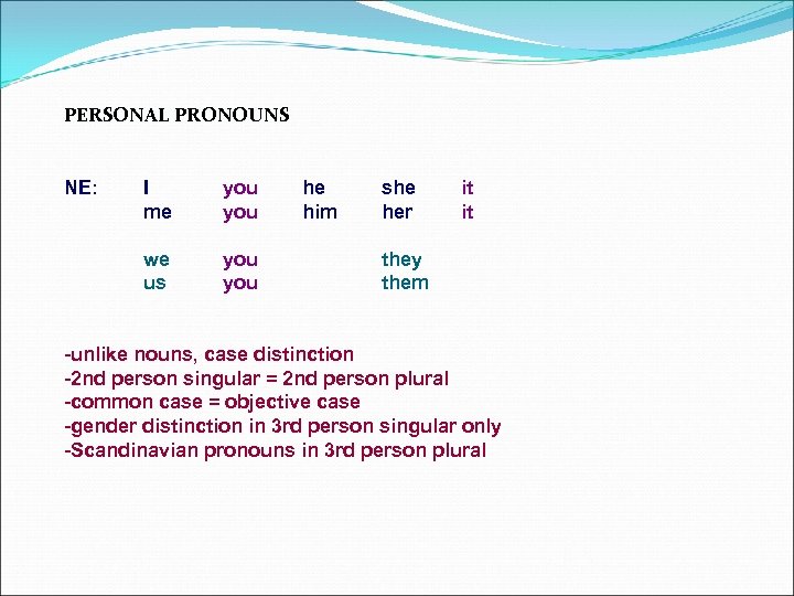 PERSONAL PRONOUNS NE: I me you we us you he him she her it