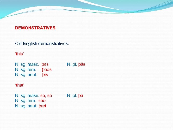 DEMONSTRATIVES Old English demonstratives: ‘this’ N. sg. masc. þes N. sg. fem. þēos N.