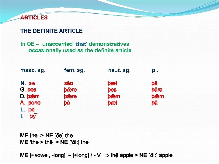 ARTICLES THE DEFINITE ARTICLE In OE – unaccented ‘that’ demonstratives occasionally used as the