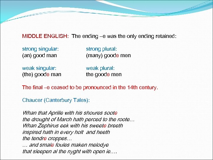 MIDDLE ENGLISH: The ending –e was the only ending retained: strong singular: (an) good