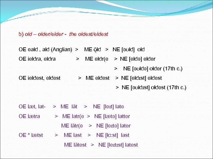 b) old – older/elder - the oldest/eldest OE eald , ald (Anglian) > ME