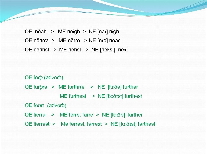 OE nēah > ME neigh > NE [naɪ] nigh OE nēarra > ME nę