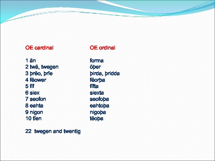 OE cardinal OE ordinal 1 ān 2 twā, twegen 3 þrēo, þrīe 4 fēower