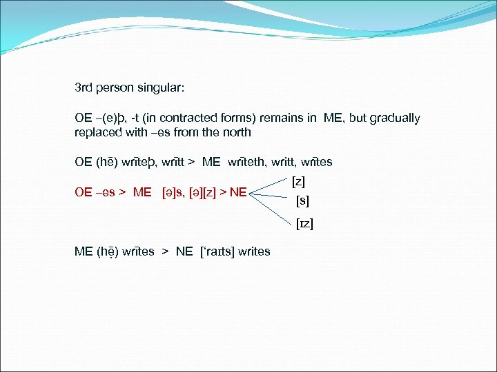 3 rd person singular: OE –(e)þ, -t (in contracted forms) remains in ME, but