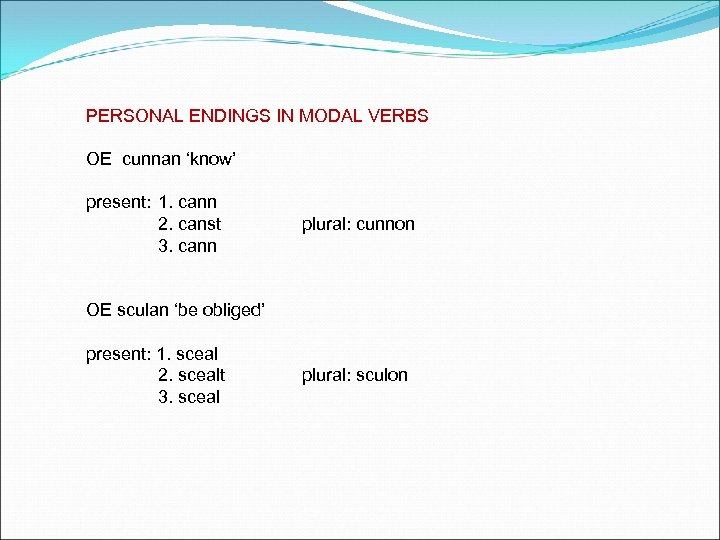 PERSONAL ENDINGS IN MODAL VERBS OE cunnan ‘know’ present: 1. cann 2. canst 3.