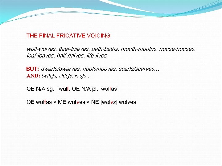 THE FINAL FRICATIVE VOICING wolf-wolves, thief-thieves, bath-baths, mouth-mouths, house-houses, loaf-loaves, half-halves, life-lives BUT: dwarfs/dwarves,