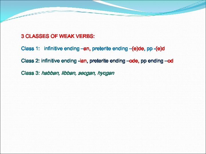 3 CLASSES OF WEAK VERBS: Class 1: infinitive ending –an, preterite ending –(e)de, pp