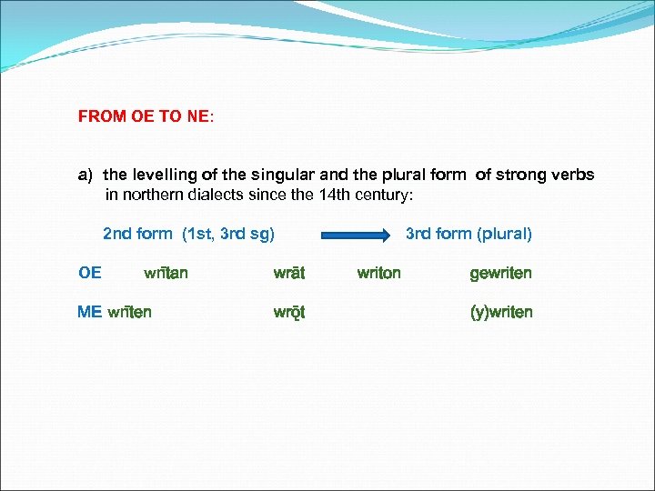 FROM OE TO NE: a) the levelling of the singular and the plural form