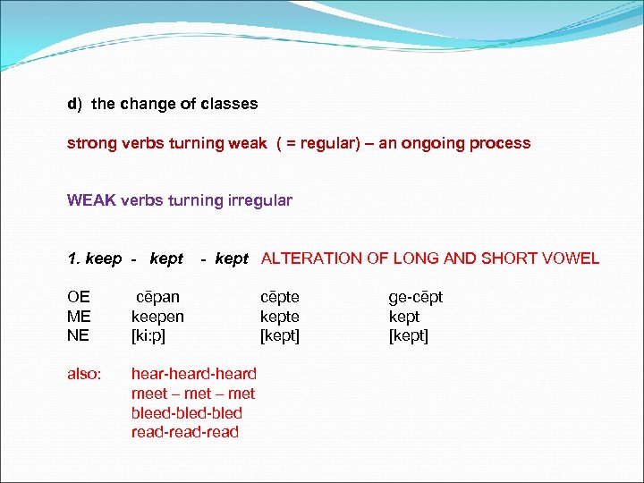 d) the change of classes strong verbs turning weak ( = regular) – an